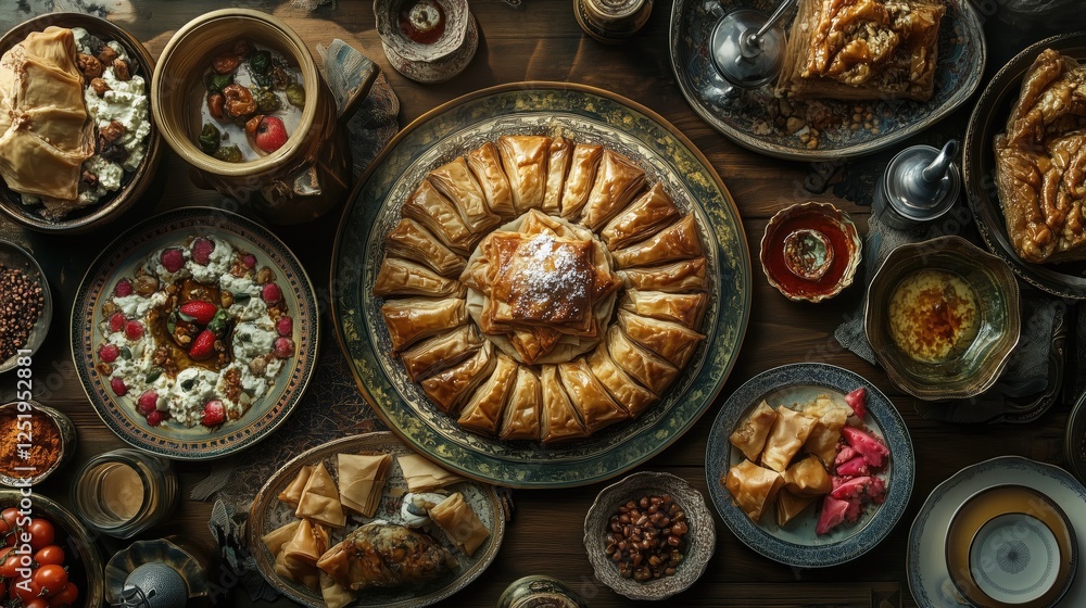 Fototapeta premium Assorted turkish cuisine and pastries with baklava displayed on rustic table