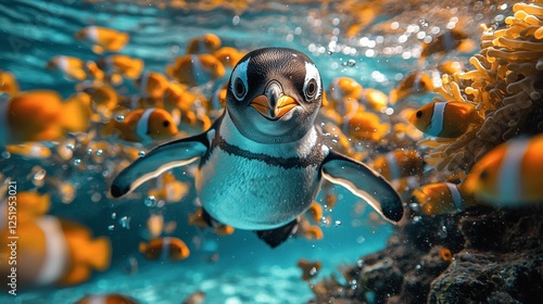 Curious Penguin Among Vibrant Clownfish in a Coral Reef