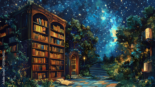 An enchanted night beneath the stars amidst a library of boundless knowledge. Infinite Libraries. Illustration