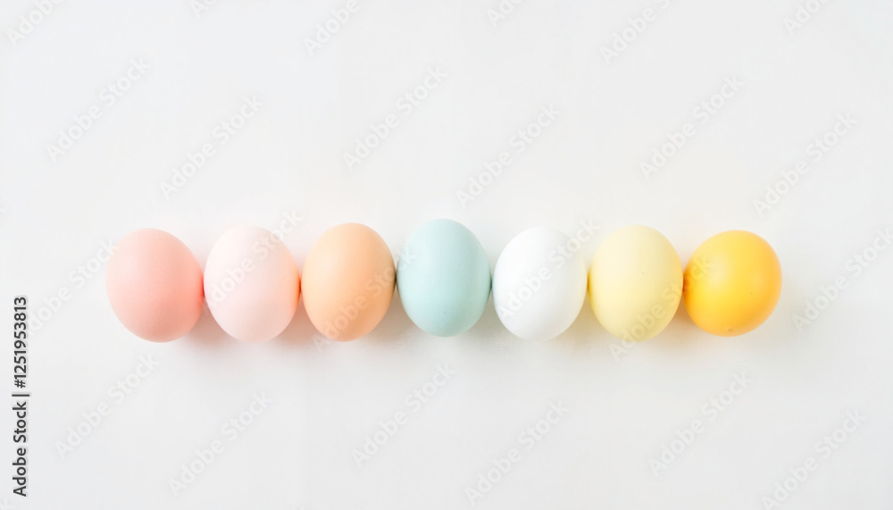 Pastel-colored eggs arranged neatly on white background, spring symbolism Pastel-colored eggs arranged neatly on white background, spring symbolism
