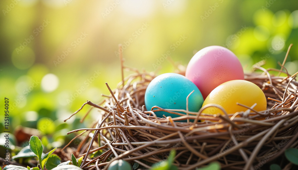 Colorful Easter eggs nestled in twigs, celebrating spring joy Colorful Easter eggs nestled in twigs, celebrating spring joy