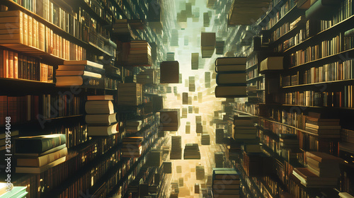 An infinite library where the books float and rearrange themselves in the air. Infinite Libraries. Illustration photo