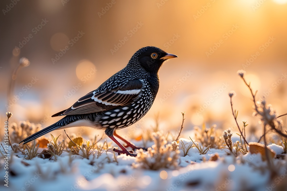 Fototapeta premium Spotless starling in snowy sunset landscape with glowing background