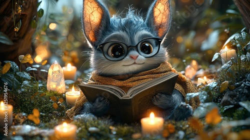 Enchanted Forest Creature Reading by Candlelight: A Whimsical Winter Scene