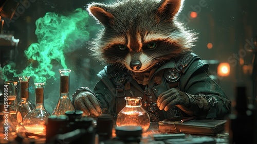 Enigmatic Raccoon Alchemist in a Mystical Laboratory Setting