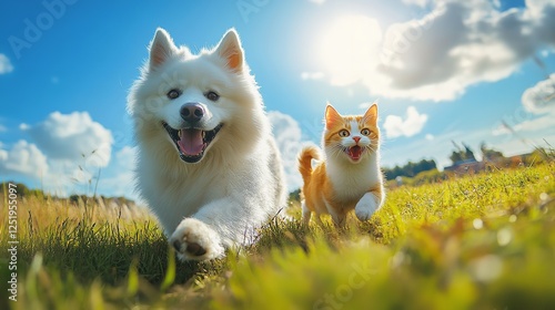 Samoyed Dog and Ginger Cat Running in an Open Field on a Sunny Day, Cinematic Wide Angle photo