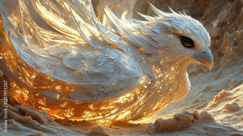 Ethereal Firebird Emerging from Golden Sands: A Digital Fantasy Illustration