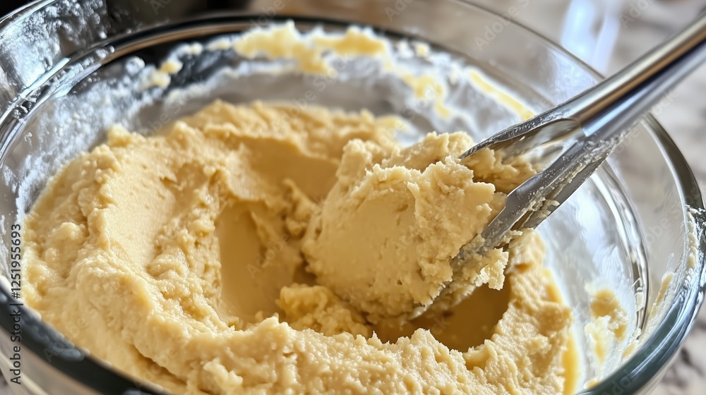 Creamy cookie dough in glass bowl with metal spoon Creamy cookie dough in glass bowl with metal spoon