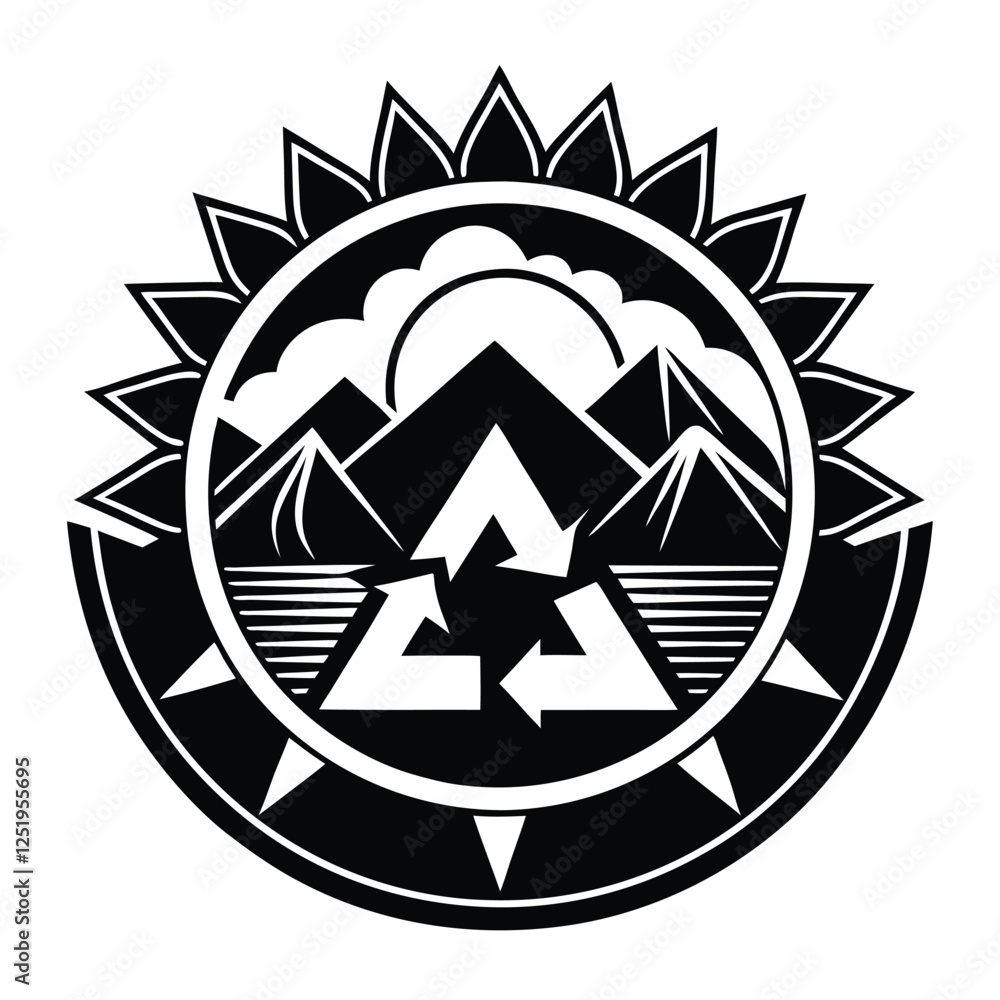 Recycling symbol with mountains, sun, and eco-friendly design Recycling symbol with mountains, sun, and eco-friendly design