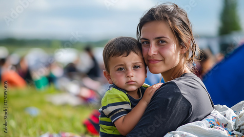 Mother Embraces Child in Crowded Shelter Amidst Scattered Belongings Reflecting Personal Displacement Experience