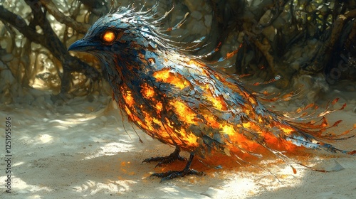 Fiery Avian Creature in Dark Forest: A Mystical Digital Painting