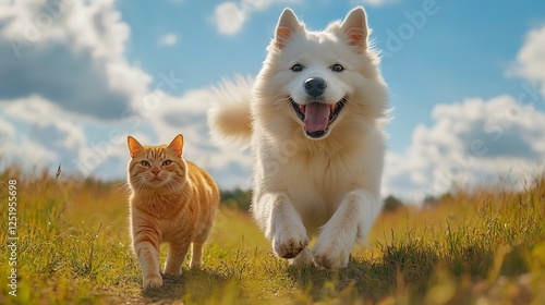 Samoyed Dog and Ginger Cat Running in an Open Field on a Sunny Day, Cinematic Wide Angle photo