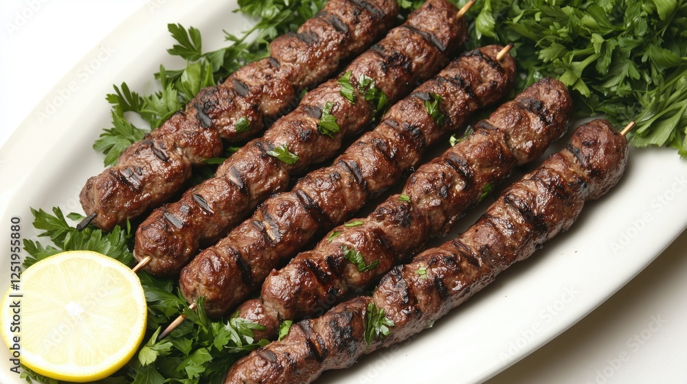 Grilled beef kebabs on skewers with fresh parsley and lemon slice on white platter Grilled beef kebabs on skewers with fresh parsley and lemon slice on white platter