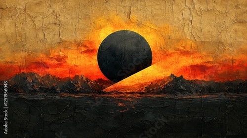 Fiery Sunset Obscured by a Dark Circle Over a Mountainous Landscape: Abstract Digital Artwork