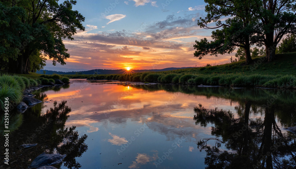 Obraz premium Tranquil sunrise over reflective stream in serene landscape, balance