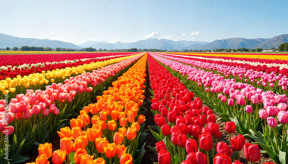 Vibrant tulip fields under bright blue sky, nature's beauty Vibrant tulip fields under bright blue sky, nature's beauty