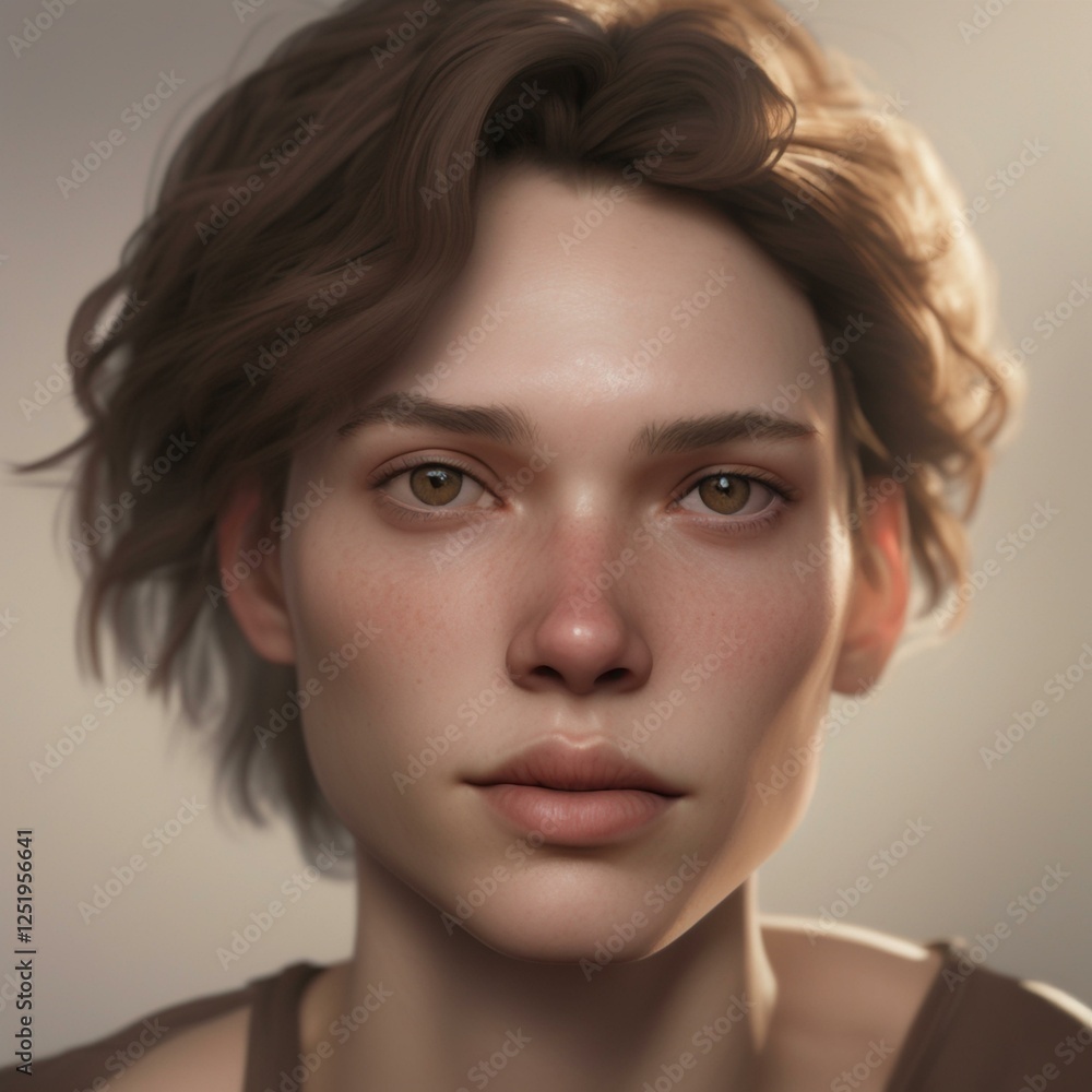 Naklejka premium A highly detailed, hyper-realistic close-up portrait of an AI-generated human face. This digital artwork features lifelike skin textures, expressive eyes, and natural lighting.