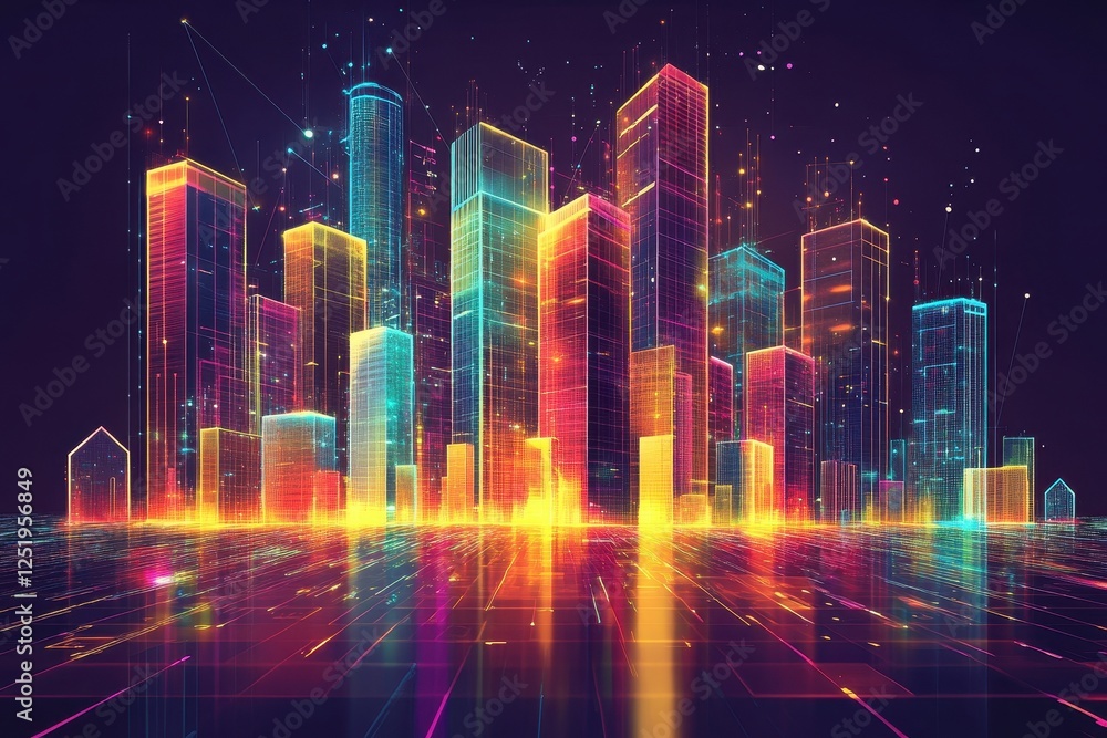 Fototapeta premium Neon cityscape with gridlines represents modern technology and connectivity