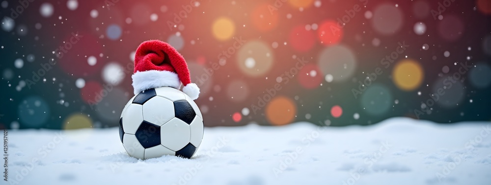 Fototapeta premium Festive soccer ball in snow with santa hat and colorful bokeh lights