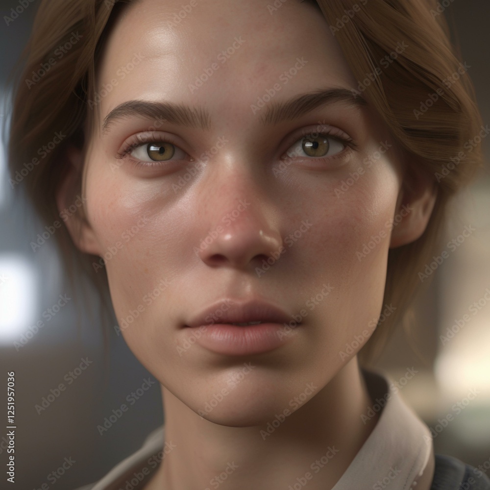 Fototapeta premium A highly detailed, hyper-realistic close-up portrait of an AI-generated human face. This digital artwork features lifelike skin textures, expressive eyes, and natural lighting.