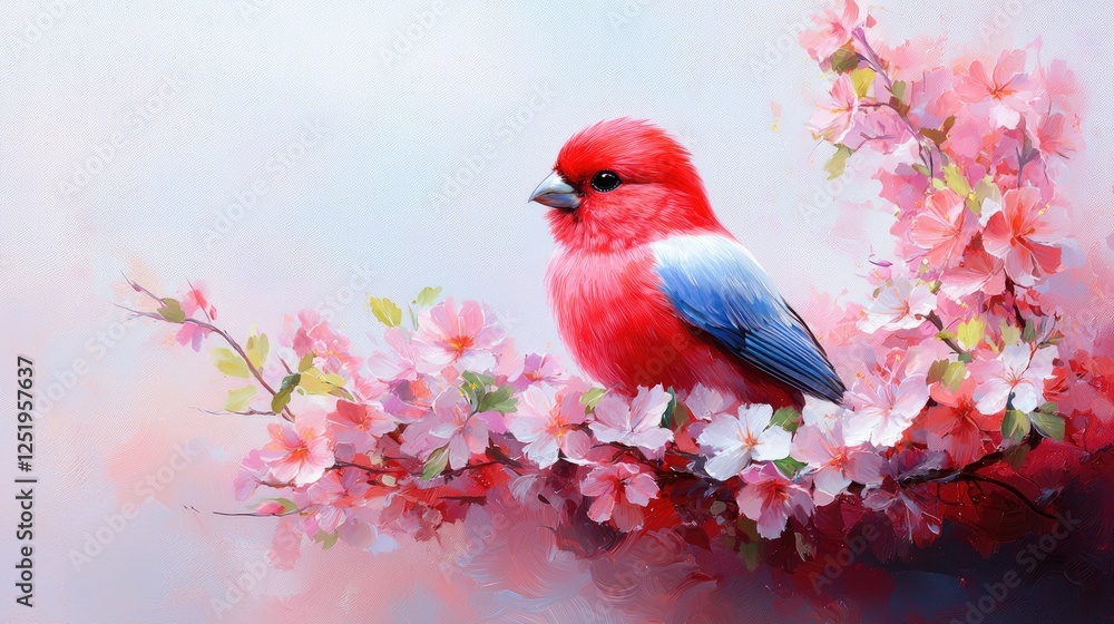 Fototapeta premium Red bird spring blossom branch painting nature art