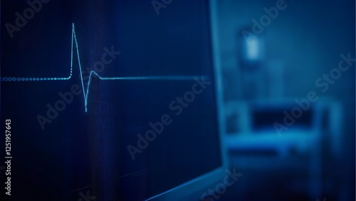 ECG Heartbeat Monitor in Hospital Room, Blue Medical Background, Cardiovascular Health and Patient Monitoring with Copy Space
