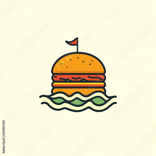 Floating burger island, tasty food, simple illustration, for menu, poster, or branding photo