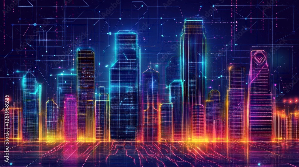 Fototapeta premium Futuristic city skyline glows with vibrant neon lights brilliantly