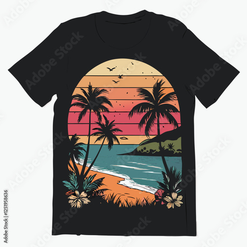 Adobe Illustrator Artwork T-shirt summer paradise island sunset retro vintage style  Vector.