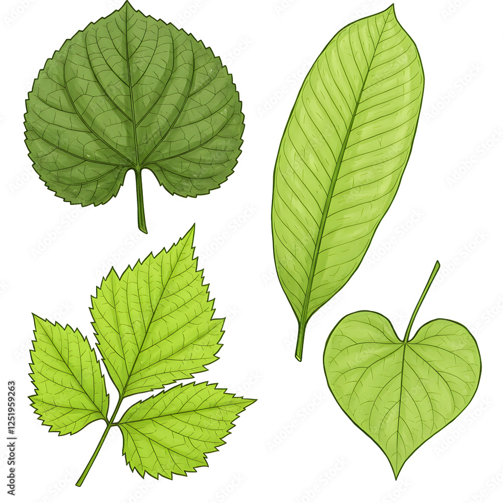Drawings of leaves on a white background, each with a unique shape and vein pattern Drawings of leaves on a white background, each with a unique shape and vein pattern