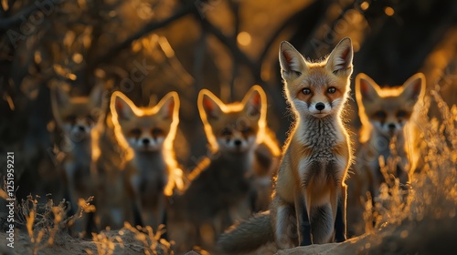 a group of young small teenage fox cubs curiously looking straight into the camera during the golden hour, ultra wide angle lens