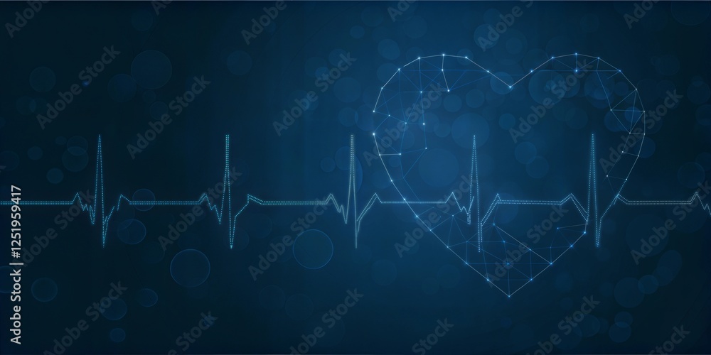 Fototapeta premium Digital Heartbeat with Abstract ECG Line, Futuristic Blue Medical Background, Cardiovascular Health and Artificial Intelligence in Healthcare with Copy Space