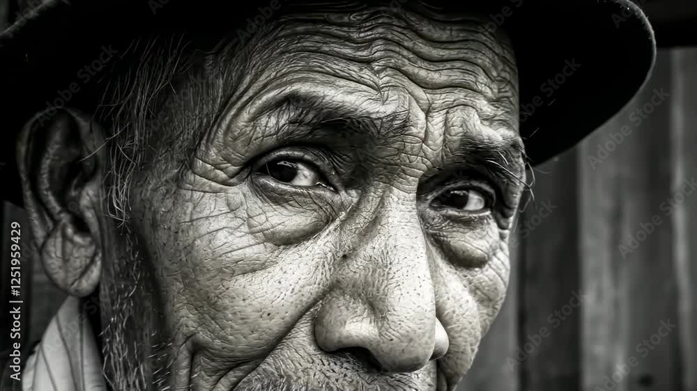 Elderly man's reflective gaze in monochrome triptych sequence Elderly man's reflective gaze in monochrome triptych sequence