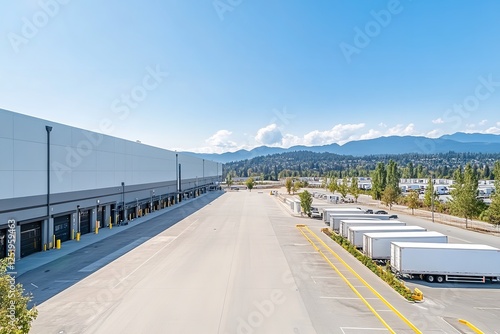 Modern Warehouse with Truck Loading Bays, Greenery, and Golden Hour Lighting photo