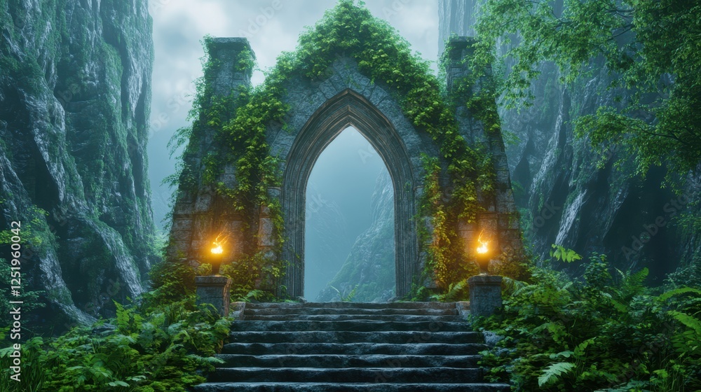 Obraz premium Enchanted Gateway: A moss-covered stone archway, bathed in the ethereal glow of flickering lanterns, stands sentinel in a misty, verdant forest.