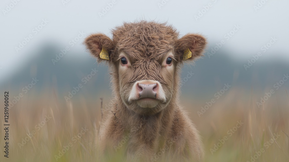 Fototapeta premium Calf portrait in field; serene, nature, rural. Potential use stock photo