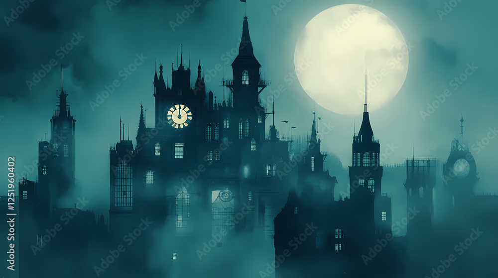 Mysterious clockwork castle in a dark and foggy realm. Clockwork Realms. Illustration Mysterious clockwork castle in a dark and foggy realm. Clockwork Realms. Illustration