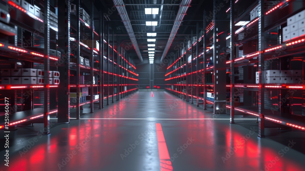 Modern Warehouse Aisle with Red LED Lighting and Organized Shelving for Efficient Storage Solutions Modern Warehouse Aisle with Red LED Lighting and Organized Shelving for Efficient Storage Solutions