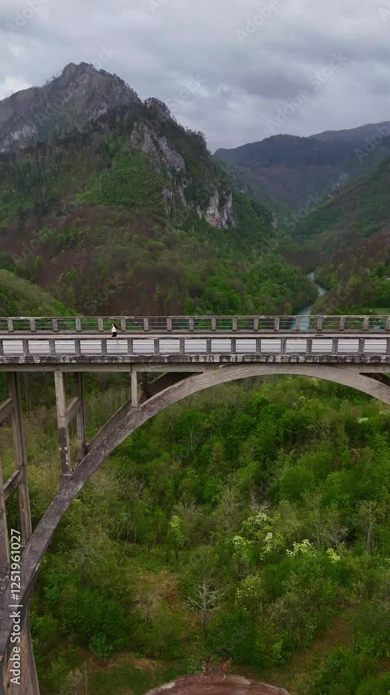 Woman Running on Bridge with Tara River and Mountains Aerial View.Dzhurdzhevich Bridge. Woman Running on Bridge with Tara River and Mountains Aerial View.Dzhurdzhevich Bridge.