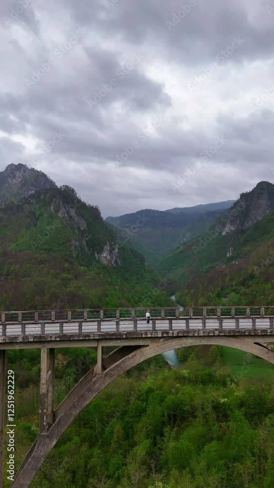 Aerial Shot of Woman Jogging on Mountain Bridge Above Tara River.Vertical video. Aerial Shot of Woman Jogging on Mountain Bridge Above Tara River.Vertical video.