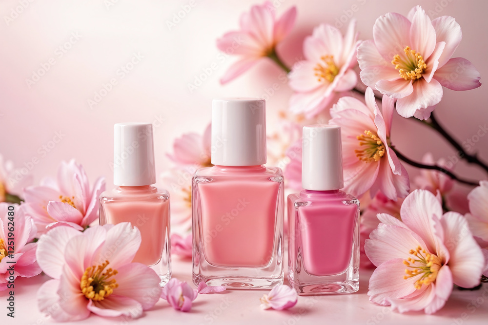 Pastel-colored nail polishes set against a soft blooming flower background Pastel-colored nail polishes set against a soft blooming flower background