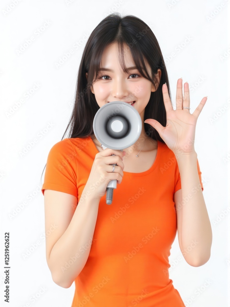 Obraz premium energetic Asian woman in an orange fitted t-shirt, black hair, joyfully shouting into a megaphone with a white background