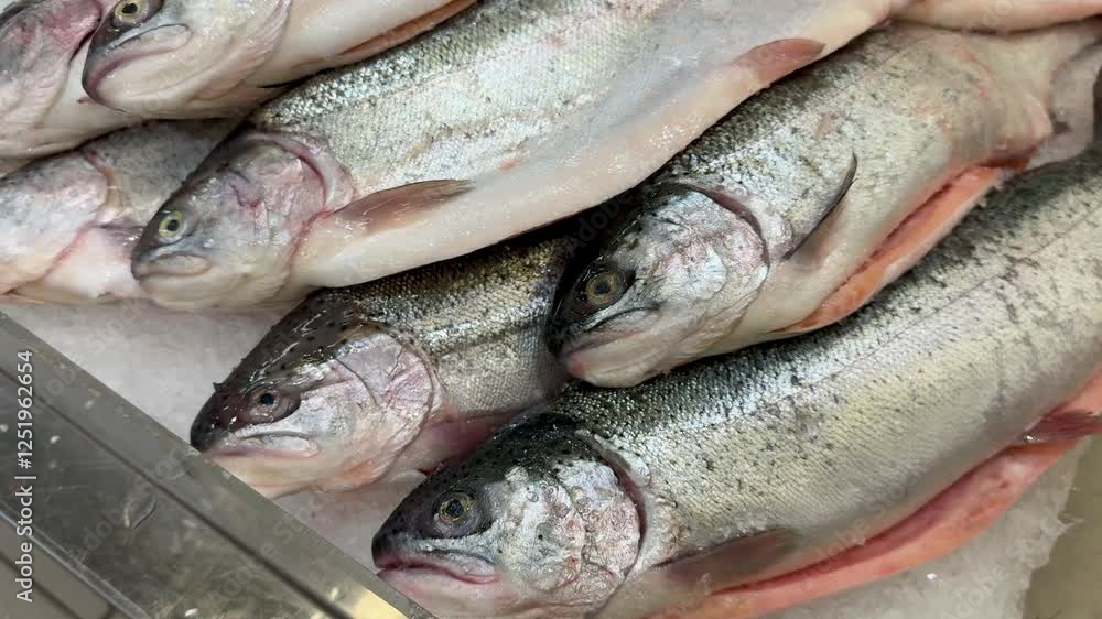 Raw steaks of rainbow trout chilled on shallow ice at the seafood market. An open shelf at the fish market. Close-up Raw steaks of rainbow trout chilled on shallow ice at the seafood market. An open shelf at the fish market. Close-up