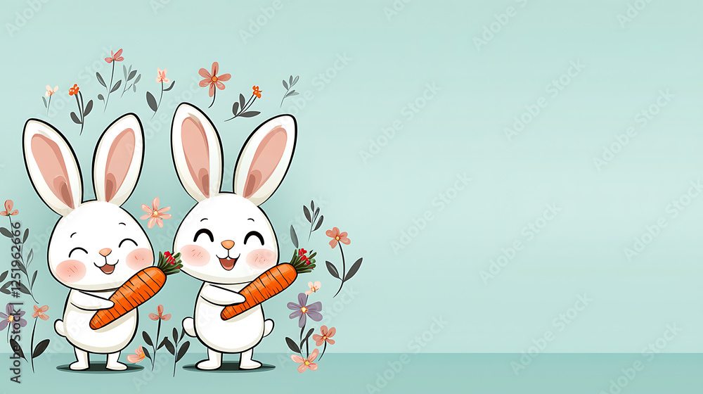 Two rabbits holding a carrot in a field of flowers. generated using AI Two rabbits holding a carrot in a field of flowers. generated using AI