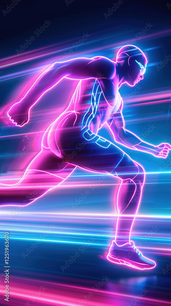 Dynamic neon silhouette of a runner in motion with vibrant light trails Dynamic neon silhouette of a runner in motion with vibrant light trails
