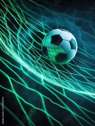 Futuristic soccer ball in sci-fi neon netting with dynamic energy lines