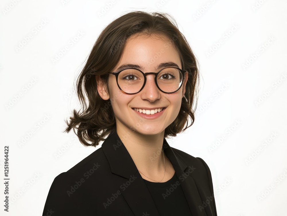 Portrait of a smiling young businesswoman wearing glasses isolated on white background