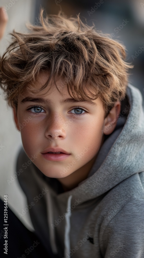 Portrait of young boy wearing gray hoodie with freckles and blue eyes Portrait of young boy wearing gray hoodie with freckles and blue eyes