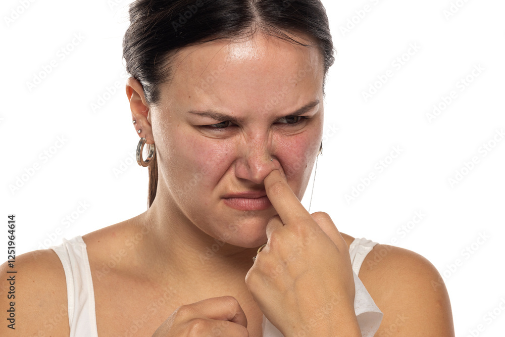 Woman in white top pinching nose with disgusted expression, looking uncomfortable on white background Woman in white top pinching nose with disgusted expression, looking uncomfortable on white background
