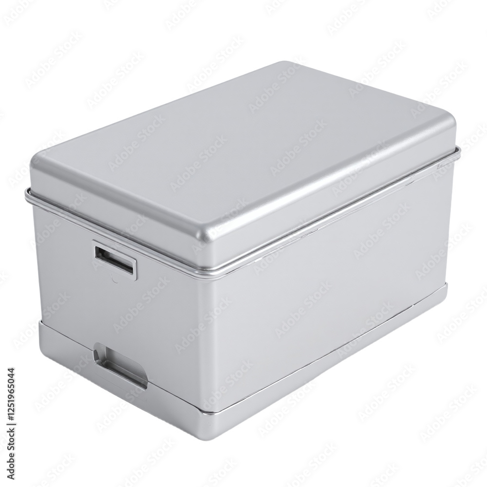 A silver metal storage box with a lid and handle, isolated on a cutout background. A silver metal storage box with a lid and handle, isolated on a cutout background.